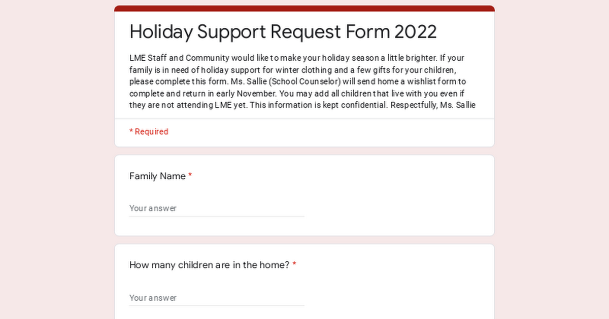Holiday Support Request Form 2022