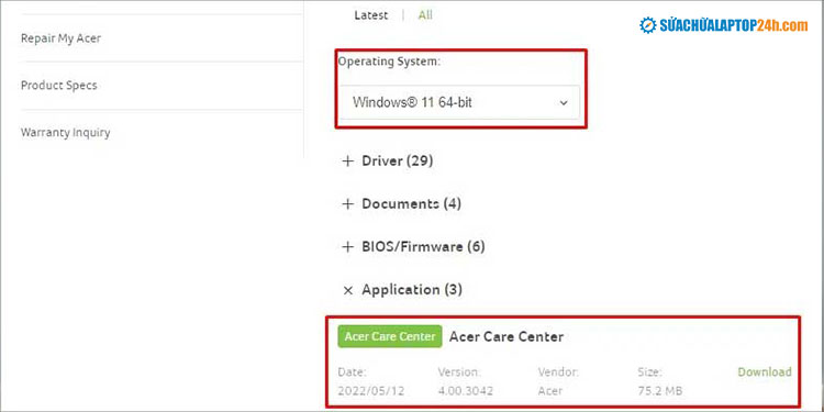 Nhấn Download Acer Care Center như hình