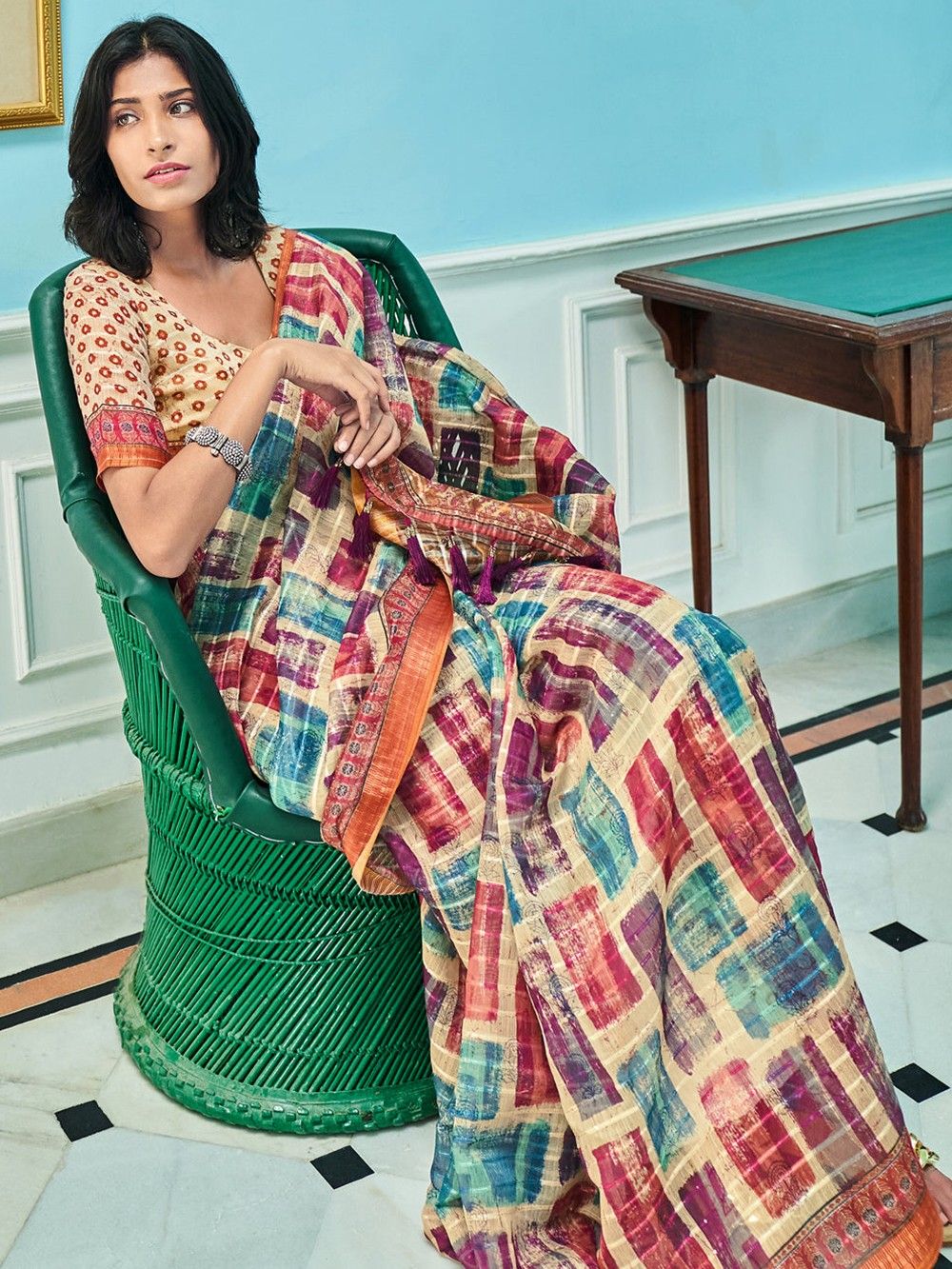 the loom - Cream Blue Printed Linen Silk Saree