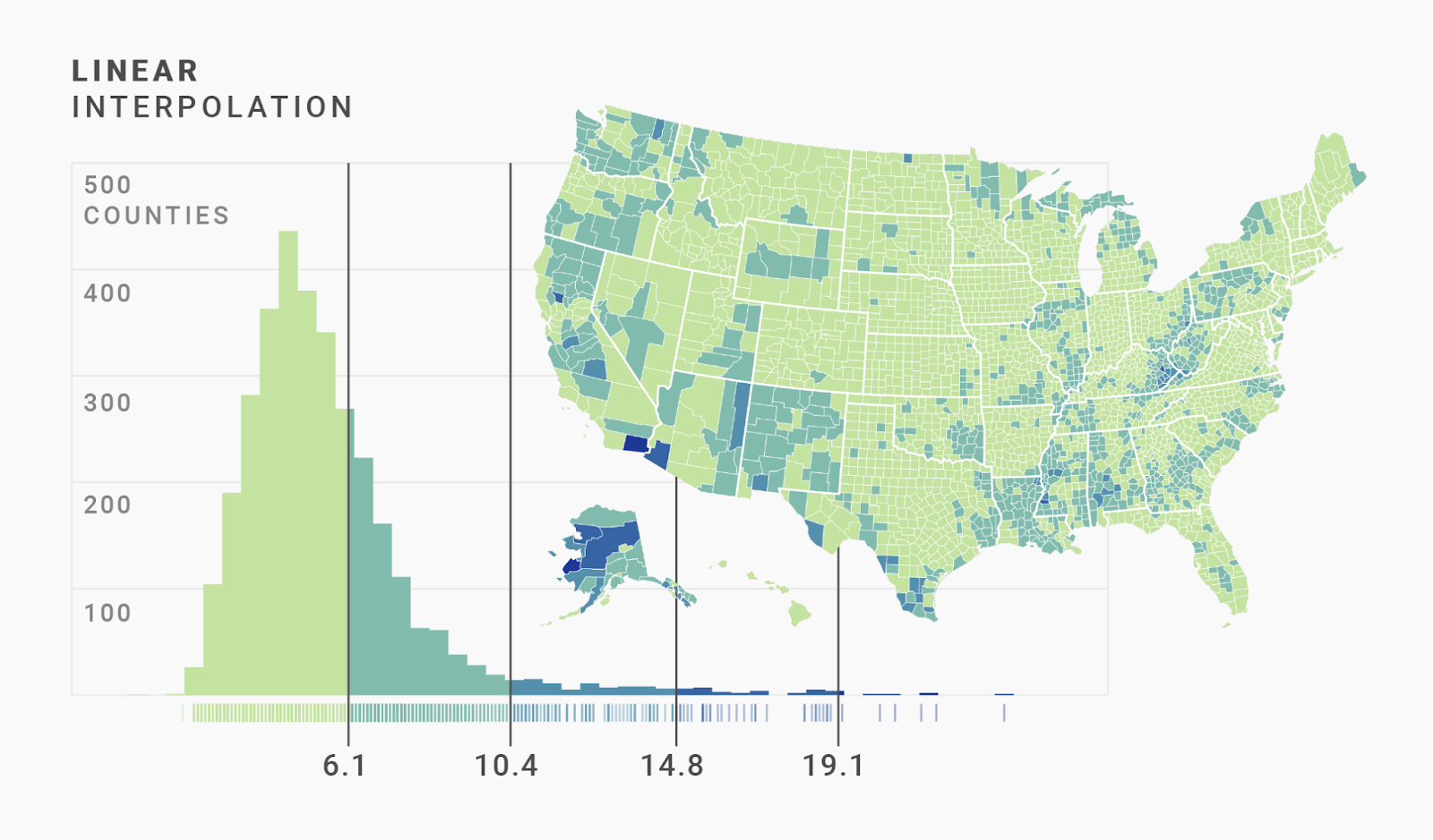 Histogram and choropleth map for a linear, stepped interpolation