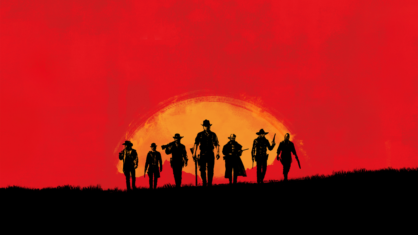 A group of people walking in front of a red sunset

Description automatically generated