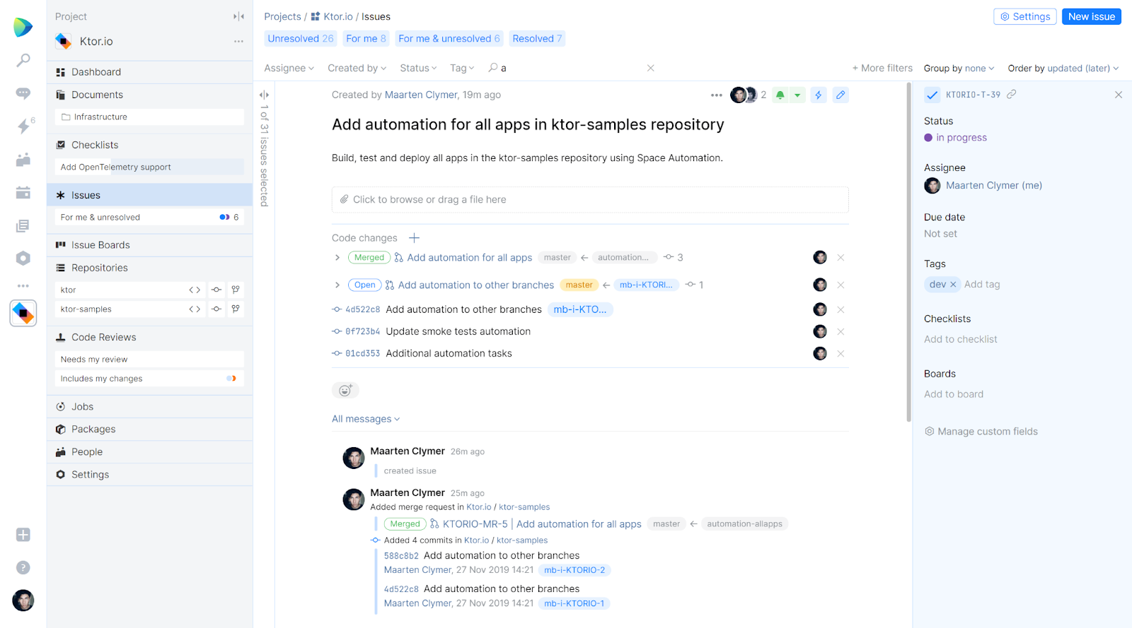 Keep track of code changes in Space issues