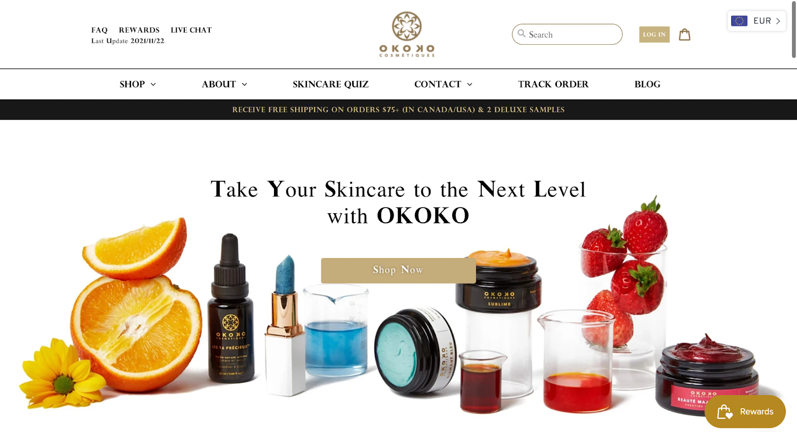 Support black-owned businesses–A screenshot of OKOKO Cosmétique’s homepage showcasing various beauty products and text that reads “Take Your Skincare to the Next Level with OKOKO.”