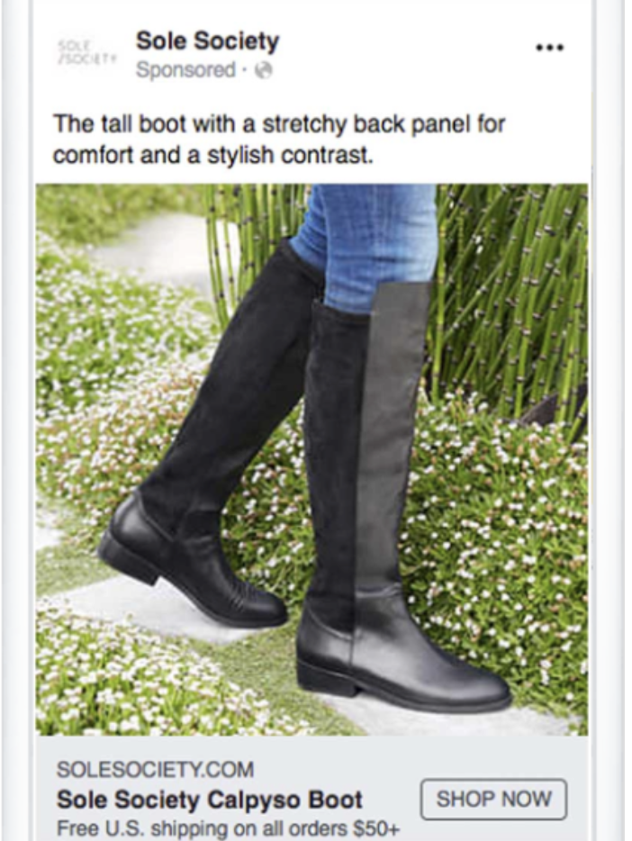 Facebook advertisement for boots featuring a person in jeans wearing knee-high boots