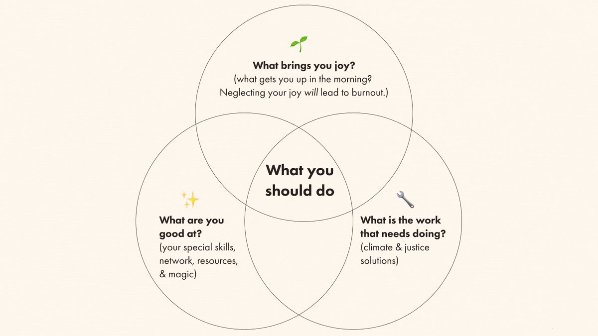 Three circles each labeled: What are you good at? What is the work that needs doing? What brings you joy?. The overlap of the three circles in the center is What you should do–Answer based on considering the intersection of your interests and skills.