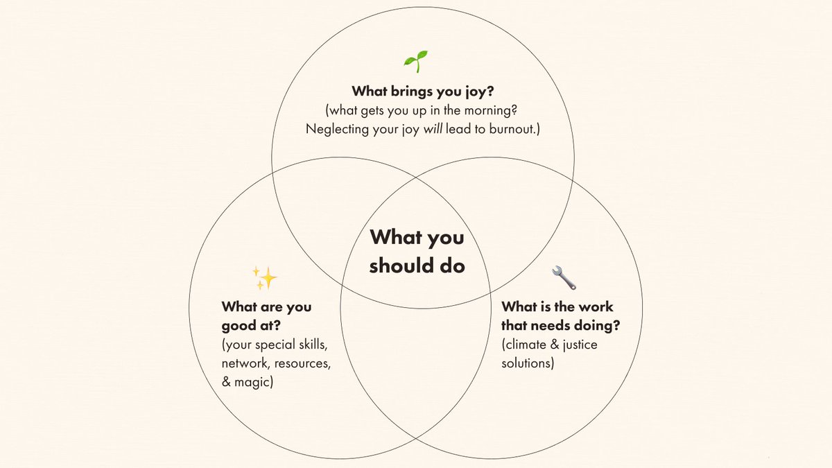 Climate Action Venn Diagram Three circles each labeled: What are you good at? What is the work that needs doing? What brings you joy?. The overlap of the three circles in the center is What you should do–Answer based on considering the intersection of your interests and skills.
