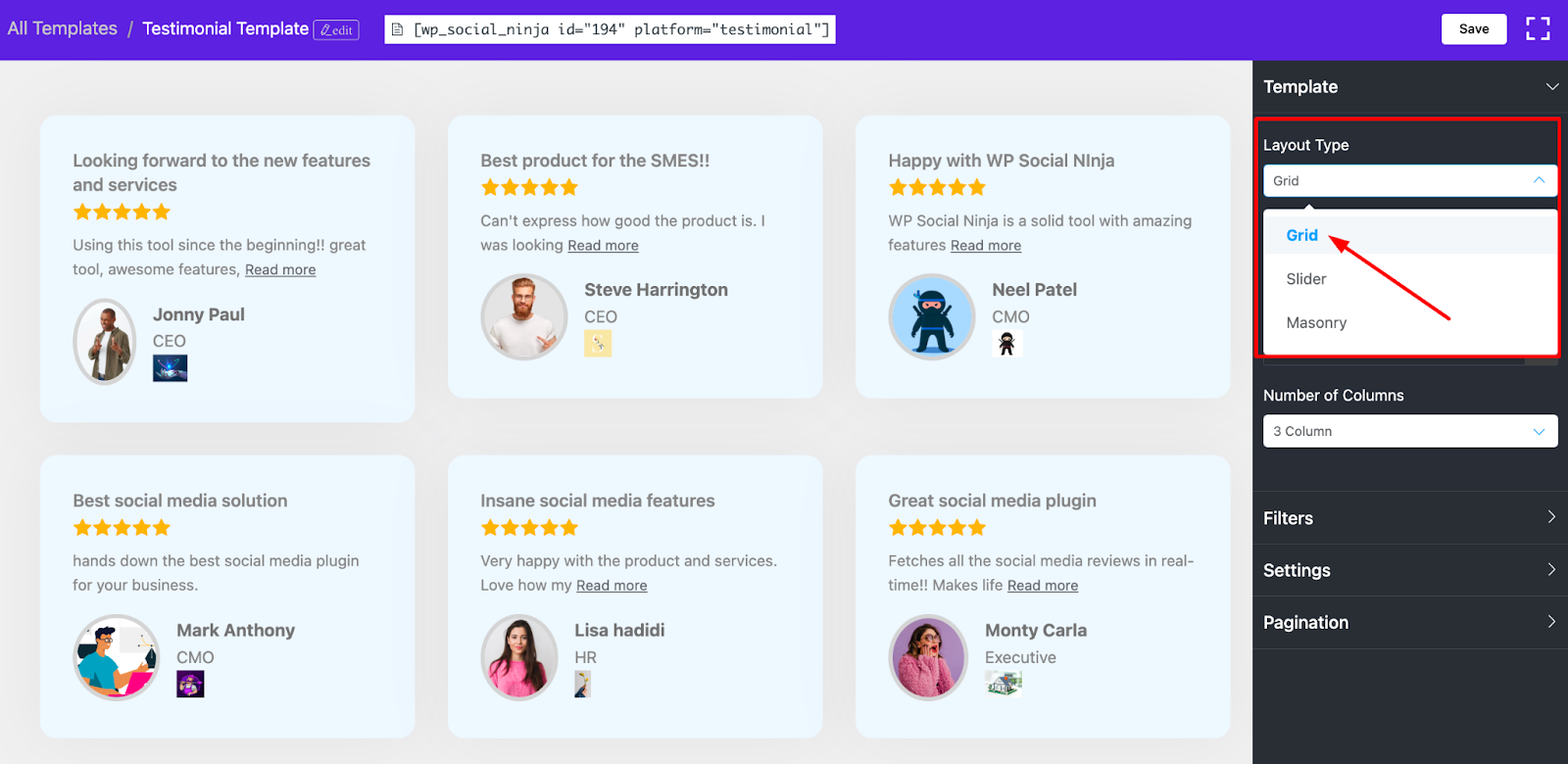 WP Social Ninja testimonial layout types for WordPress websites