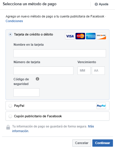 Cómo agregar métodos de pago en la cuenta publicitaria de Facebook