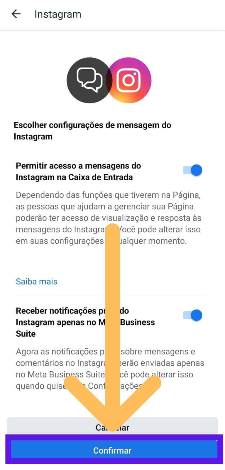 tela de confirmação de da conexão entre instagram e facebook