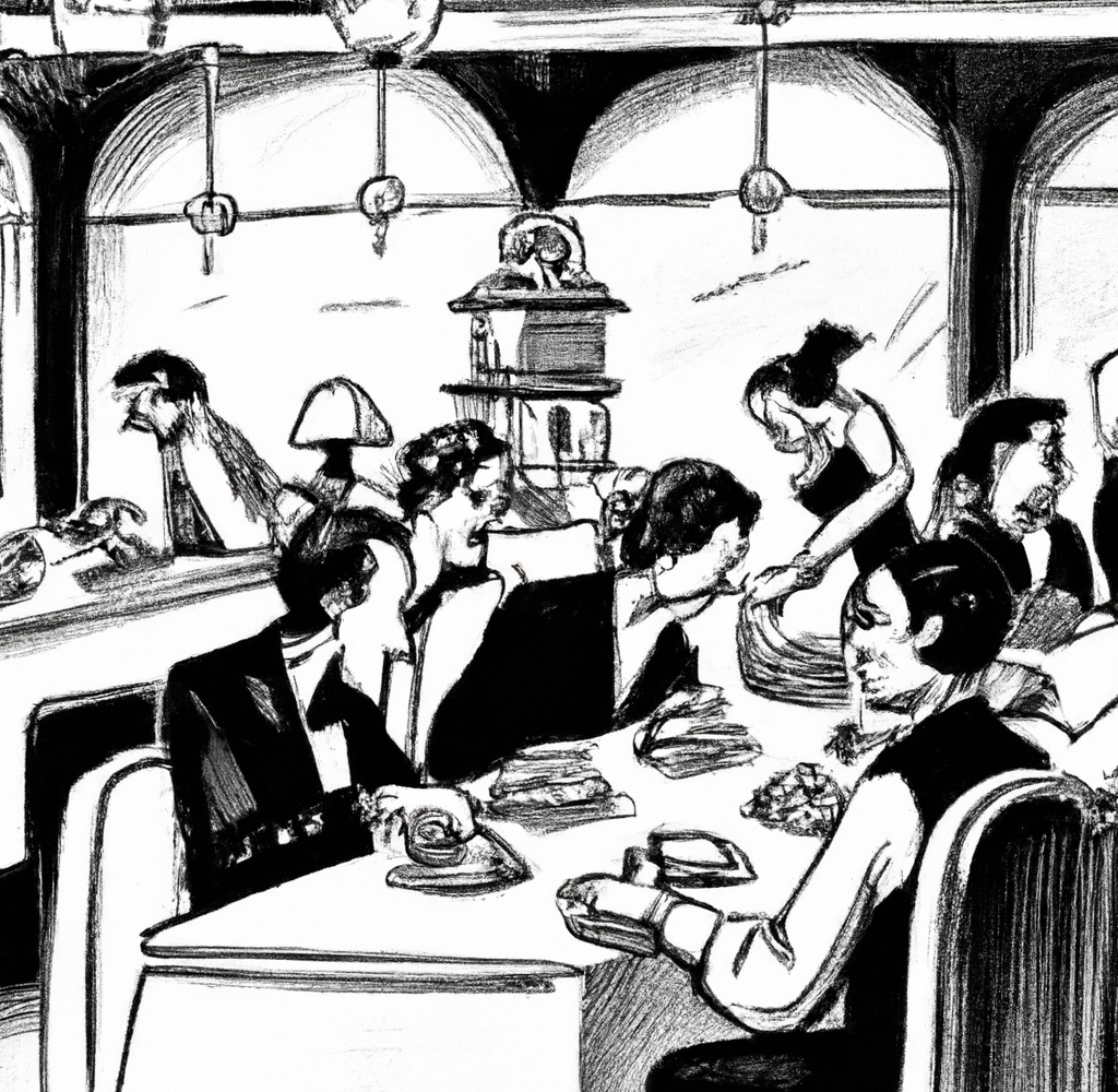 DALLE generated black and white illustration of restaurant patrons eating in the restaurant dining area