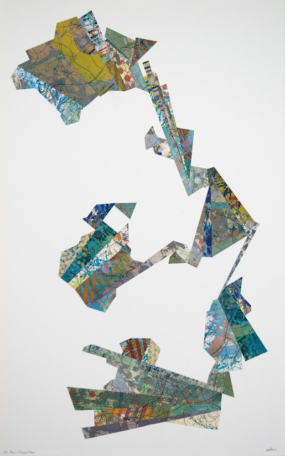 Figure 1: 32"x20", mixed media collage, 2020; a mixed media collage that references both congressional district mapping and constellation creation to reference the narratives we create to understand mapping imagery.