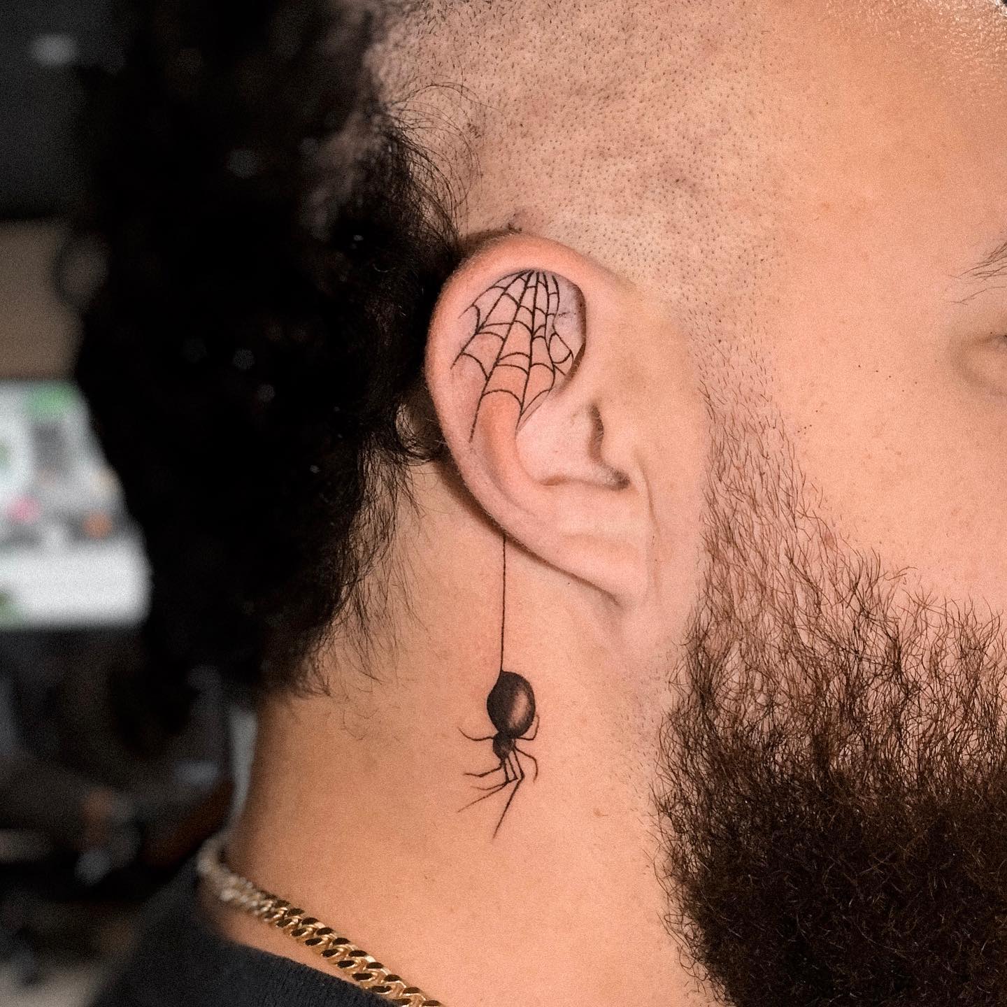 Blackwork Spider Behind The Ear Tattoo