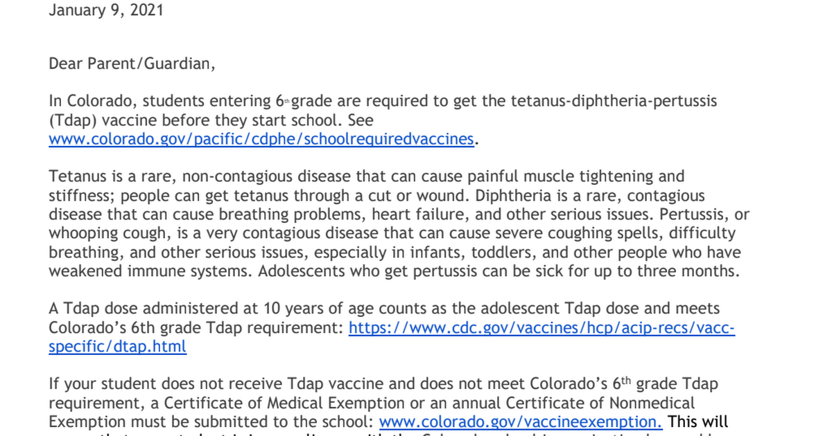 Tdap Immunization Letter for 5th Graders
