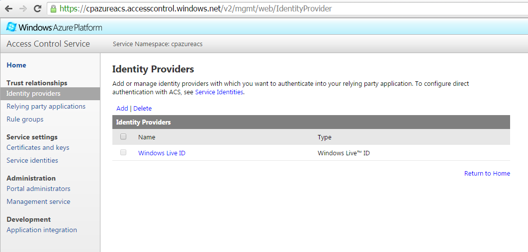 Azure ACS Identity Providers