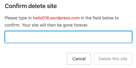 confirm site deletion by typing your URL in WordPress