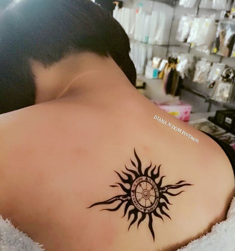 Compass Sun Tattoo On Back Shoulder