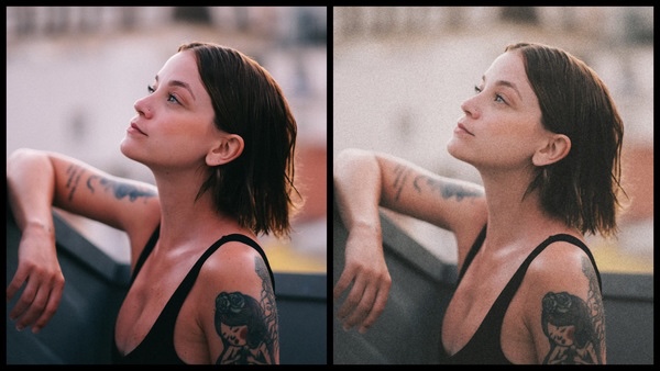 antes e depois da foto de uma mulher morena sendo que uma das fotos está mais clara e granulada