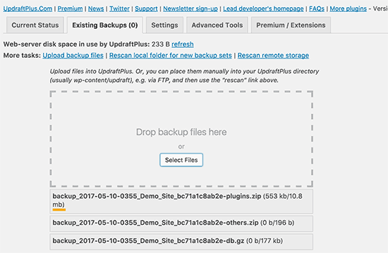 Carregando arquivos de backup