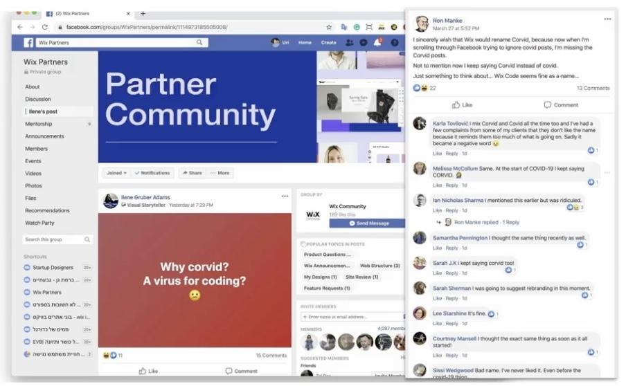 Wix partner's Facebook group, with a post from a man called Ron which says "I sincerely wish that Wix would rename Corvid, because now when I'm scrolling through Facebook trying to ignore Covid posts, I'm missing the Corvid posts. Not to mention now I keep saying Corvid instead of covid. Just something to think about... Wix Code seems fine as a name..." and then lots of comments in agreement.