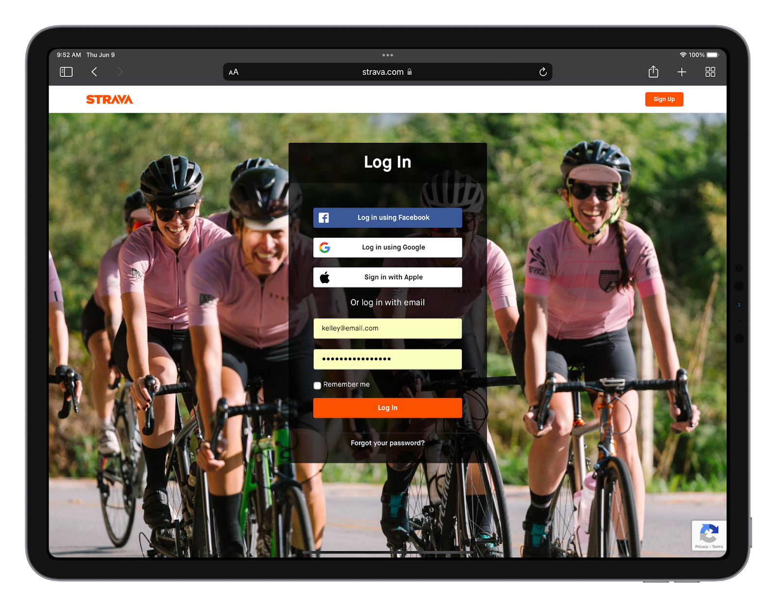 A Safari window shows the login screen for Strava. There's a dropdown allowing the user to click and AutoFill their login and password credentials.