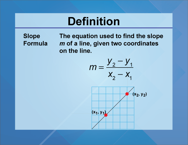 Slope Formula. The equation used to find the slope m of a line, given two coordinates on the line.