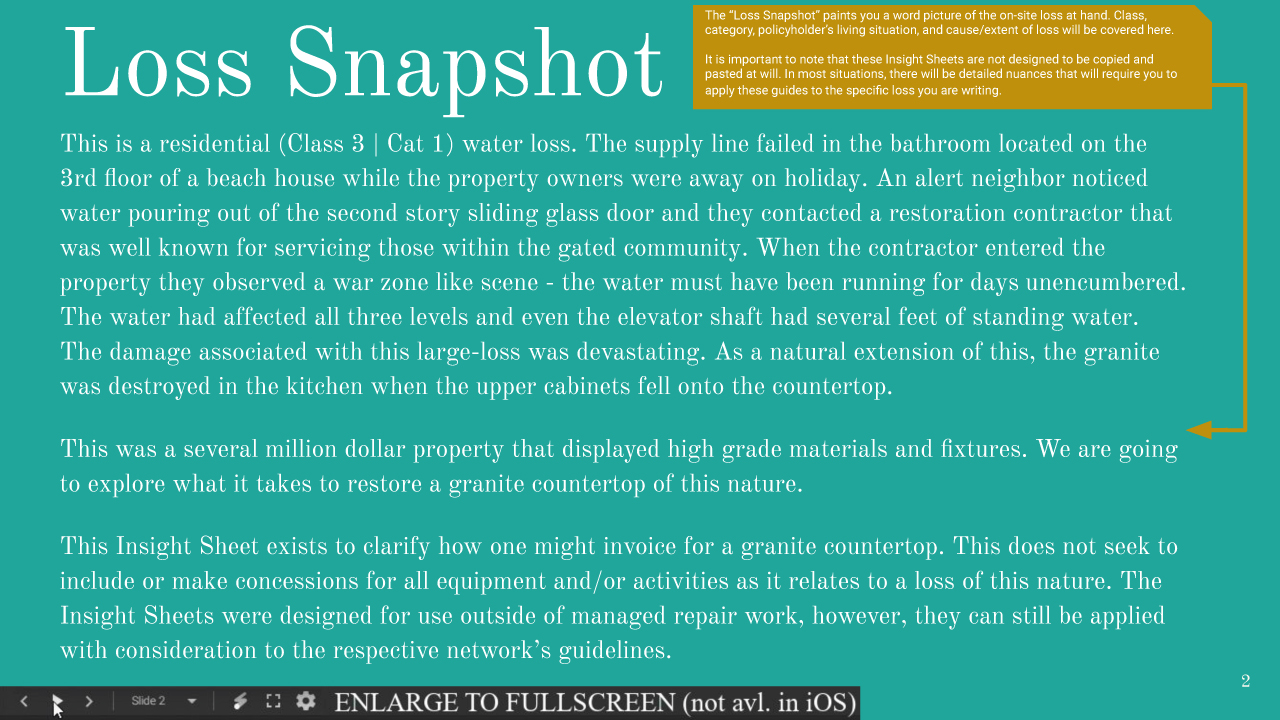 The Loss Snapshot page displays background information about the loss, including class, category, the policyholder's living situation, and cause/extent of the loss.