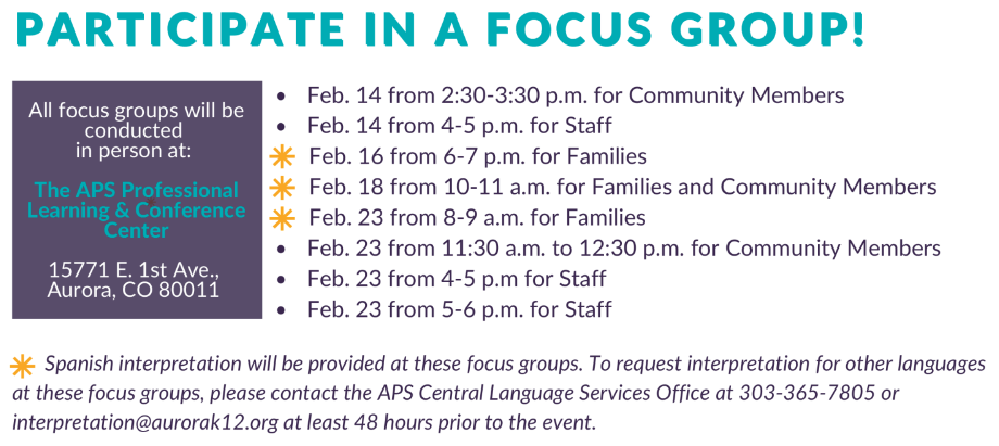 List of upcoming Superintendent Search focus groups.  Please read below for upcoming dates and times. 