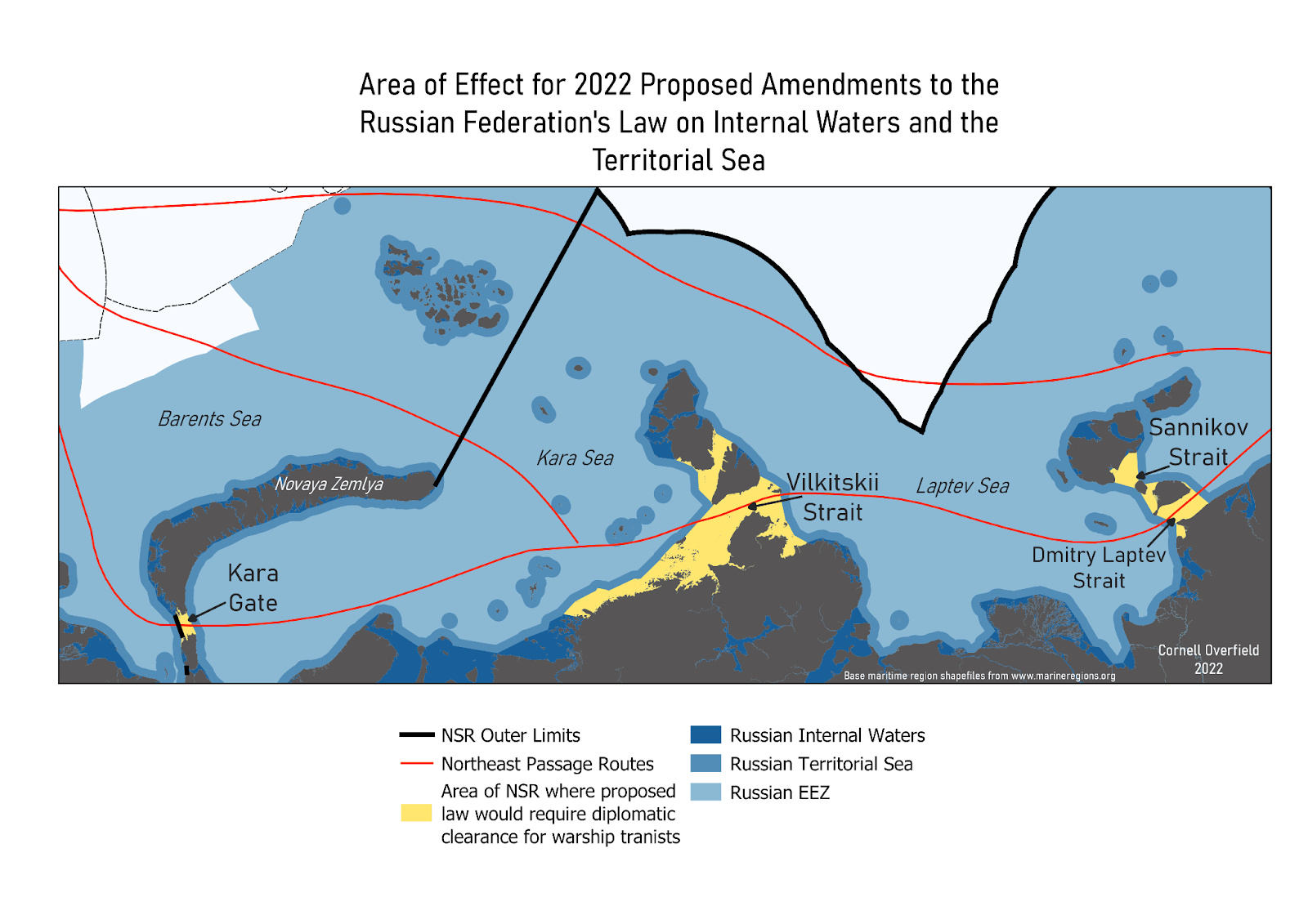 This figure highlights in yellow the areas of the Northern Sea Route that would be affected by the proposed amendment imposing restrictions on navigation by foreign warships. These areas are the Kara Gate, Vilkitskii Strait, and Sannikov and Dmitry Laptev straits. The map shows the unaffected areas with shades of blue denoting the exclusive economic zone (EEZ), territorial sea, and the internal waters. 