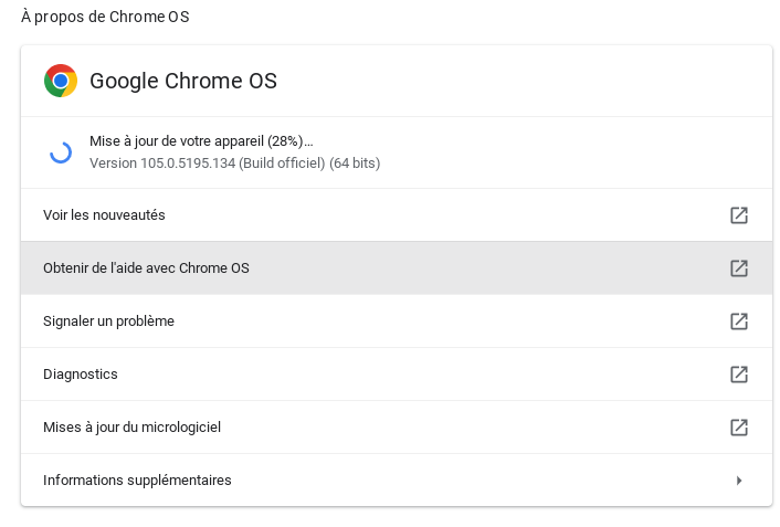 Fenêtre sur la version de Chrome OS