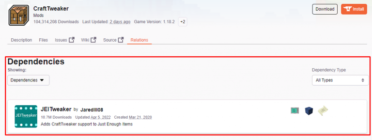 Lista de dependências do mod CraftTweaker no site de downloads Curseforge.com