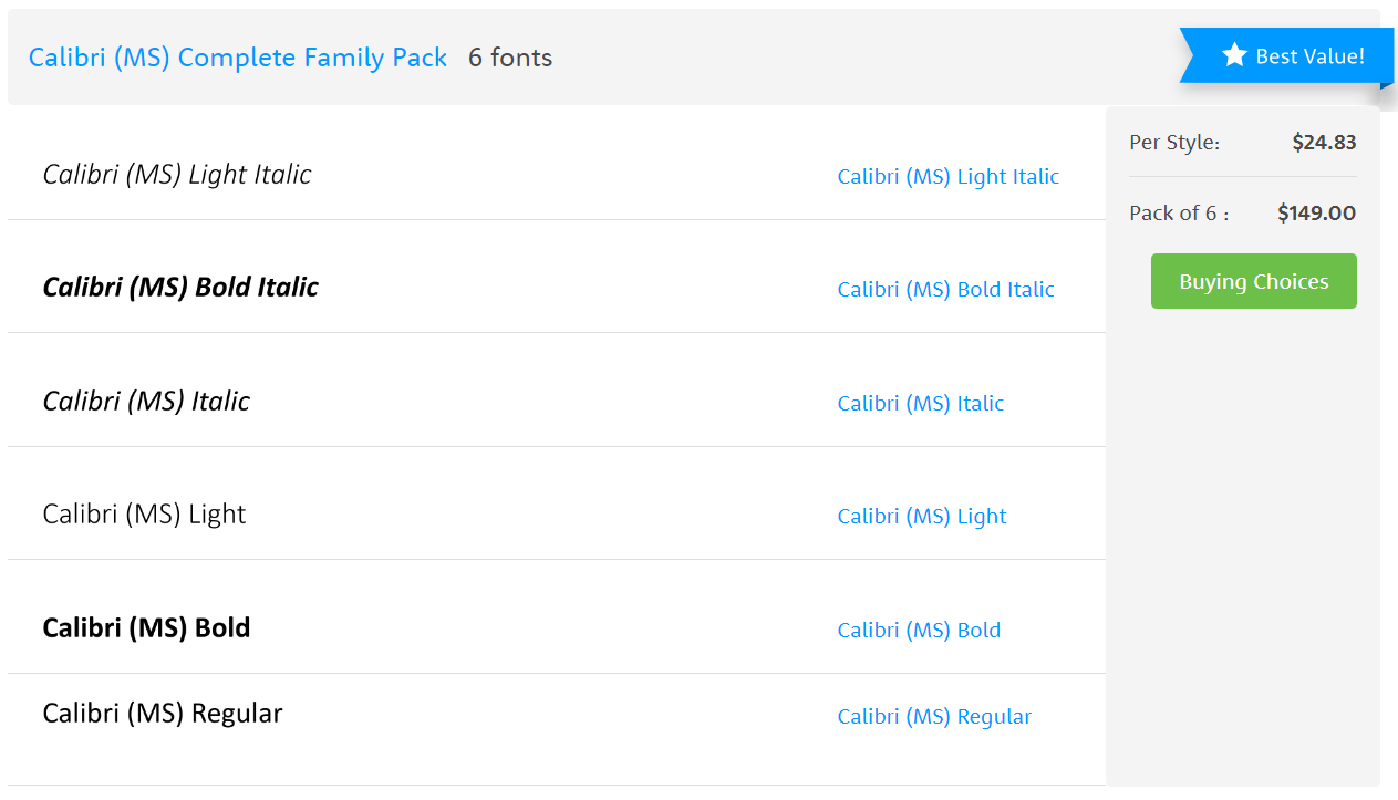 Calibri font styles and licensing prices.