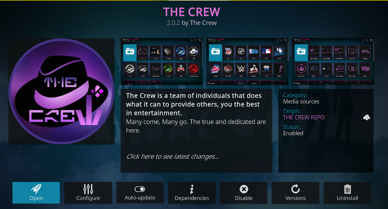 The Crew Kodi Add-on interface with the Open button highlighted in blue
