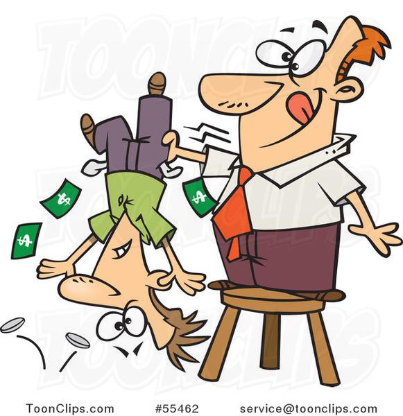 cartoon-guy-standing-on-a-stool-and-shaking-money-from-a-guys-pockets-by-toonaday-55462