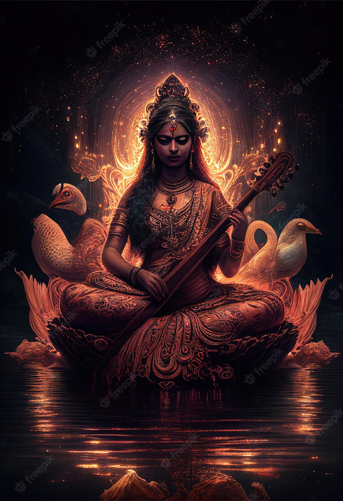 Throughout this image, Saraswati appears to emanate and permeate golden light. As she sits cross-legged on a lotus flower atop a body of water, Saraswati plays the Veena while wearing a gold sari and golden jewelry. 