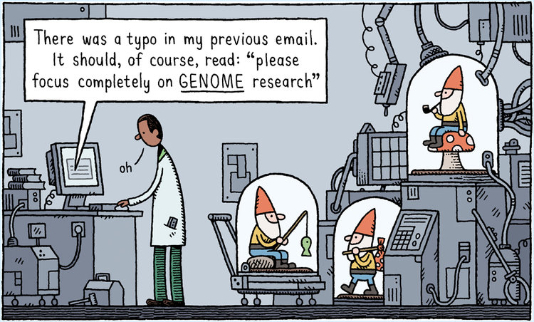 A scientist identifies a typo in an email. They're working on "genome" research, not "gnome" research.