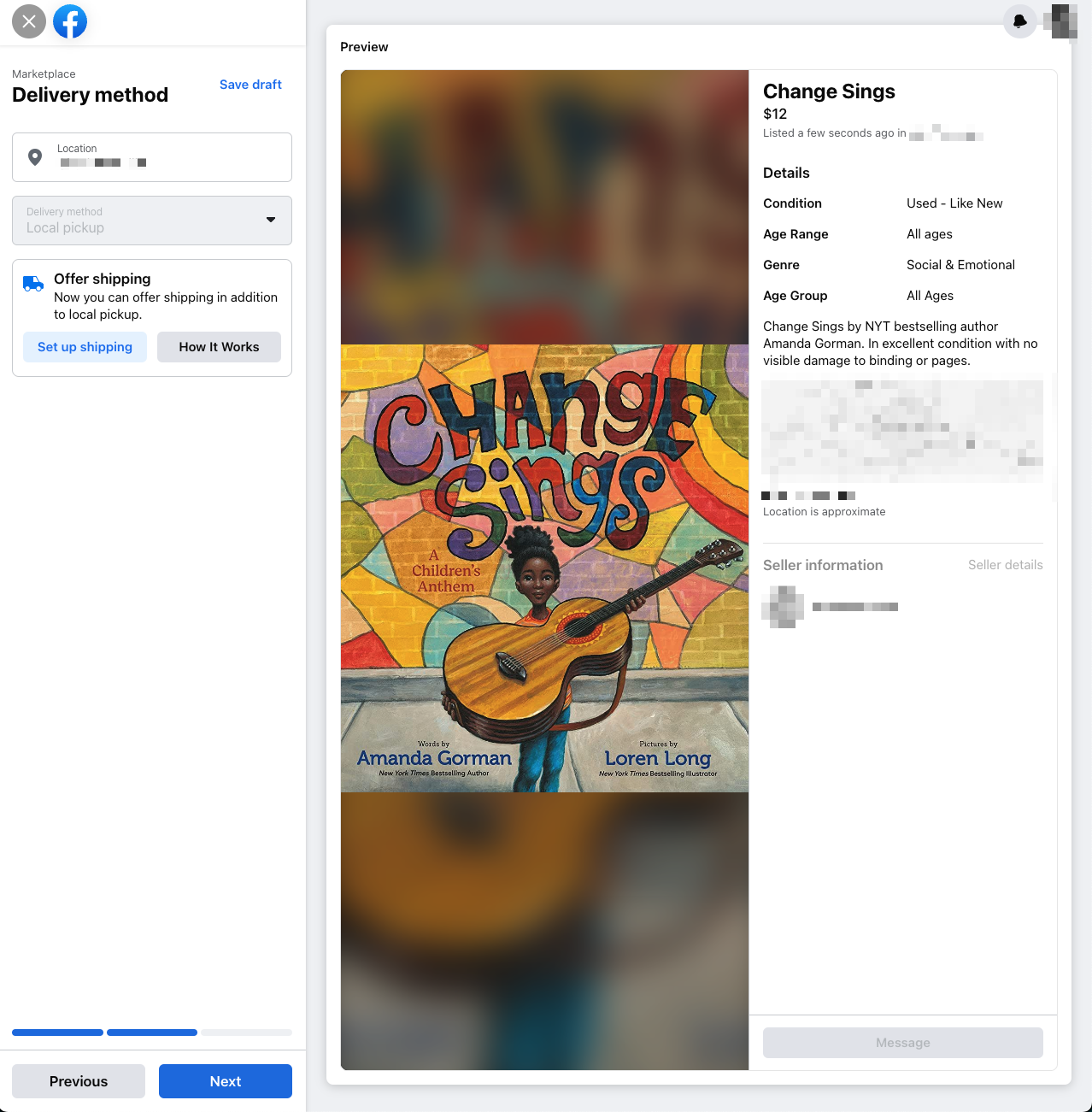 Delivery method settings for Facebook Marketplace