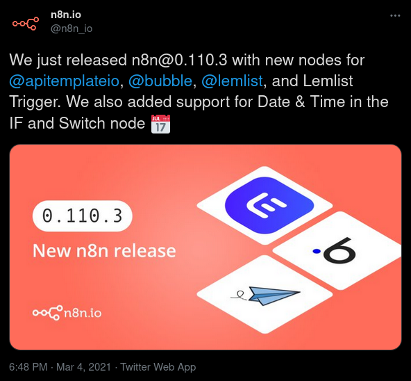 Tweet posted by n8n_io announcing the release of version 0.110.3, with an attached image showing the version number and three logos of new nodes.