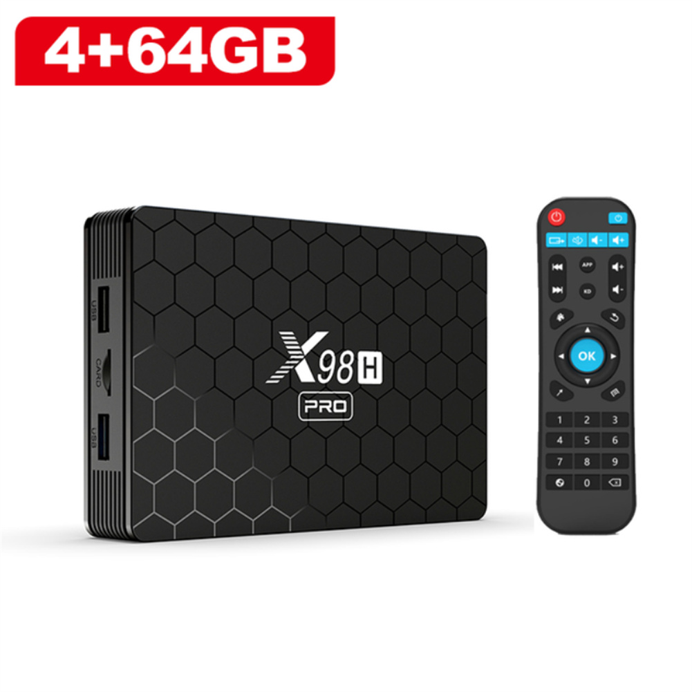Smart TV Box Android 12 X98h Pro standing up with logo visible next to remote control