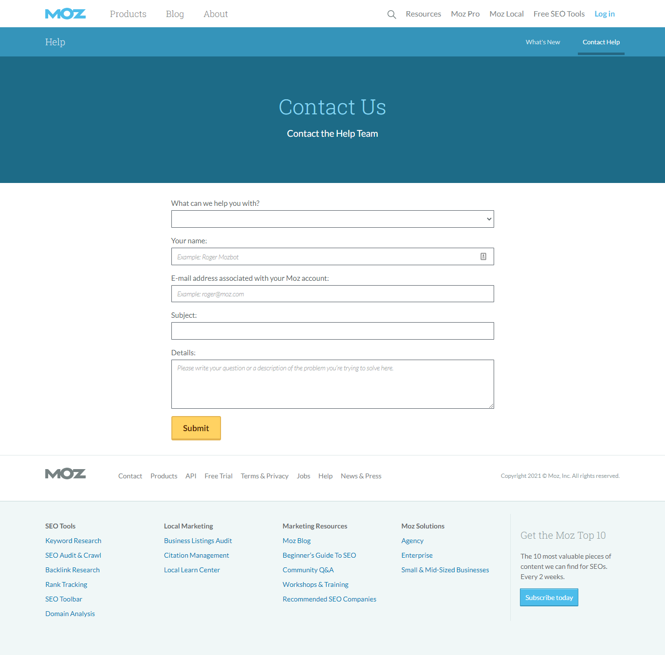 Best Contact Us Pages: Moz Contact Us Form