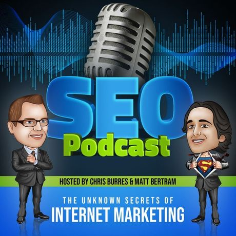 Two animated man, one with a superman shirt. They're standing under a Giant microphone. Overlay text: SEO Podcast.