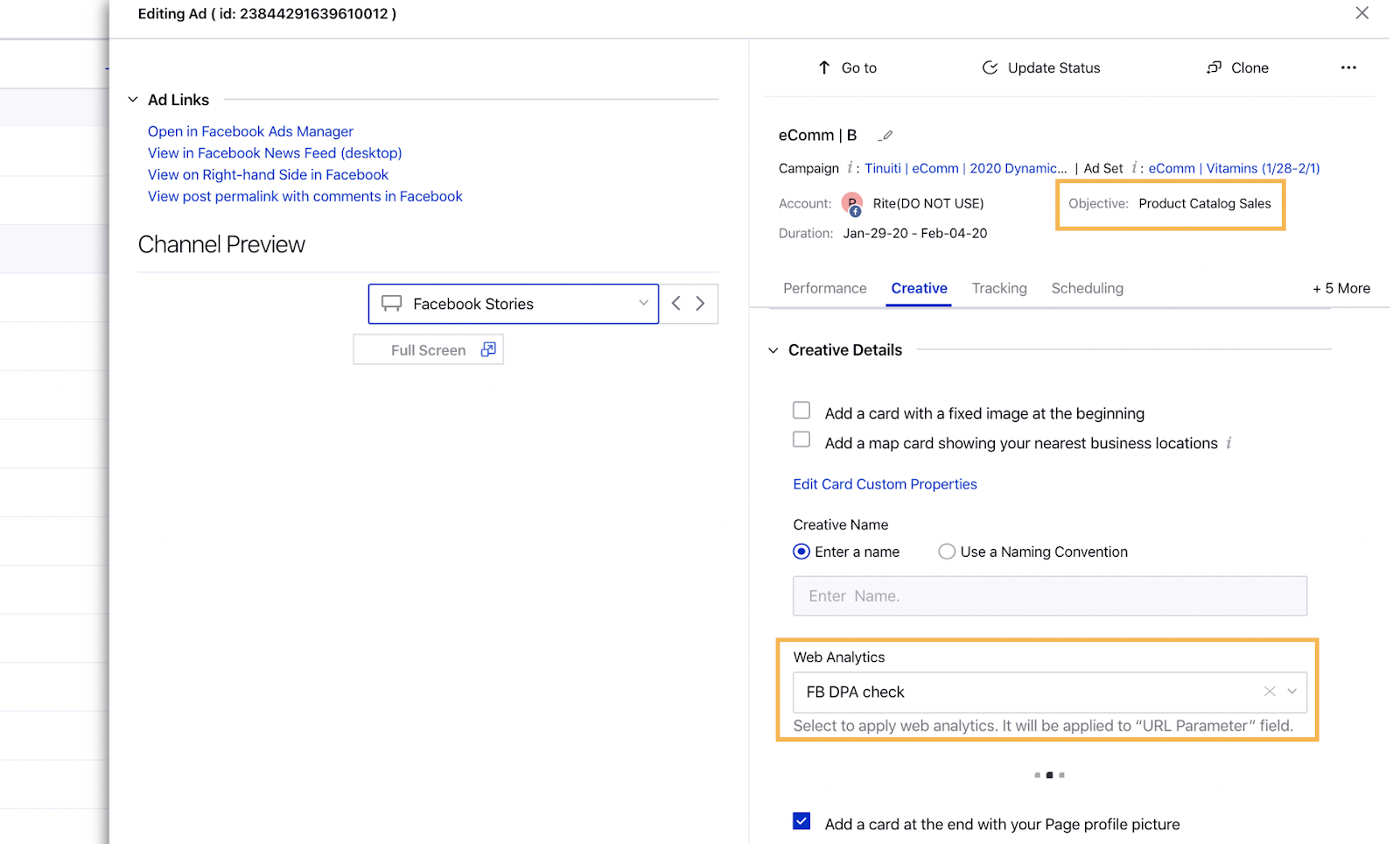 Apply Web Analytics to URL Parameters field in Ads Manager