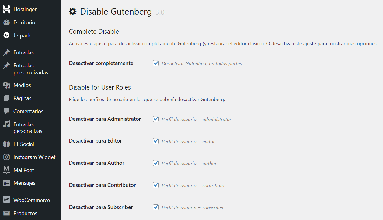 Plugin Disable Gutenberg de WordPress