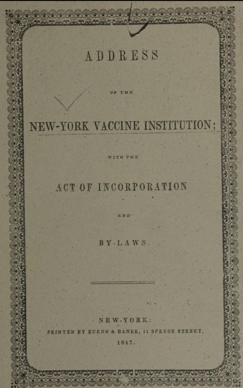 Incorporation of the New-York Vaccine Institution, 1847