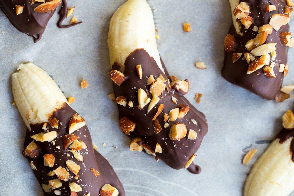 Mini Chocolate Covered Frozen Bananas with Almonds - She Likes Food