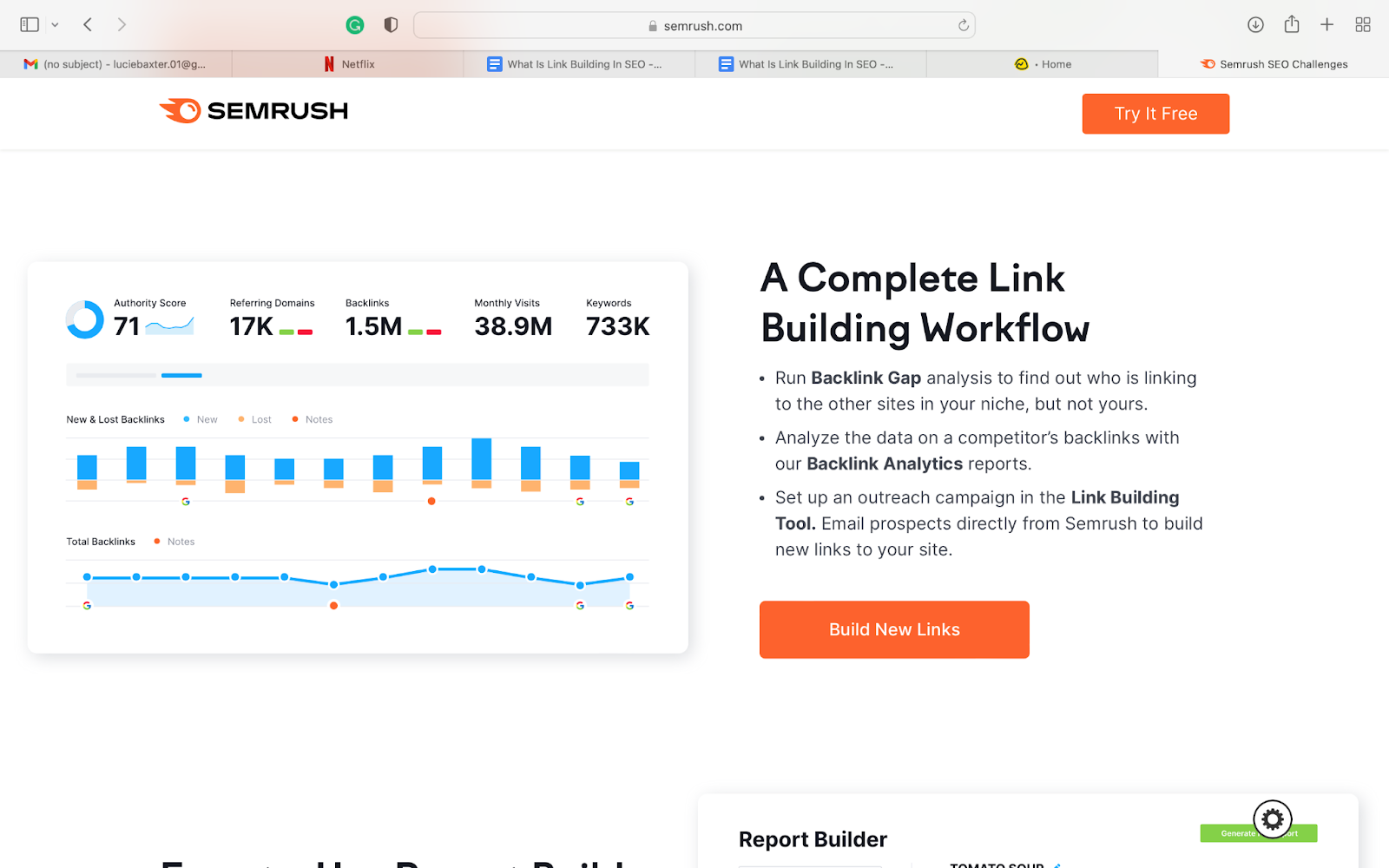 A screen cap from Semrush's website that shows what the brand offers in terms of tools. This includes the backlink gap analysis, backlink analytics, and the link building tool.