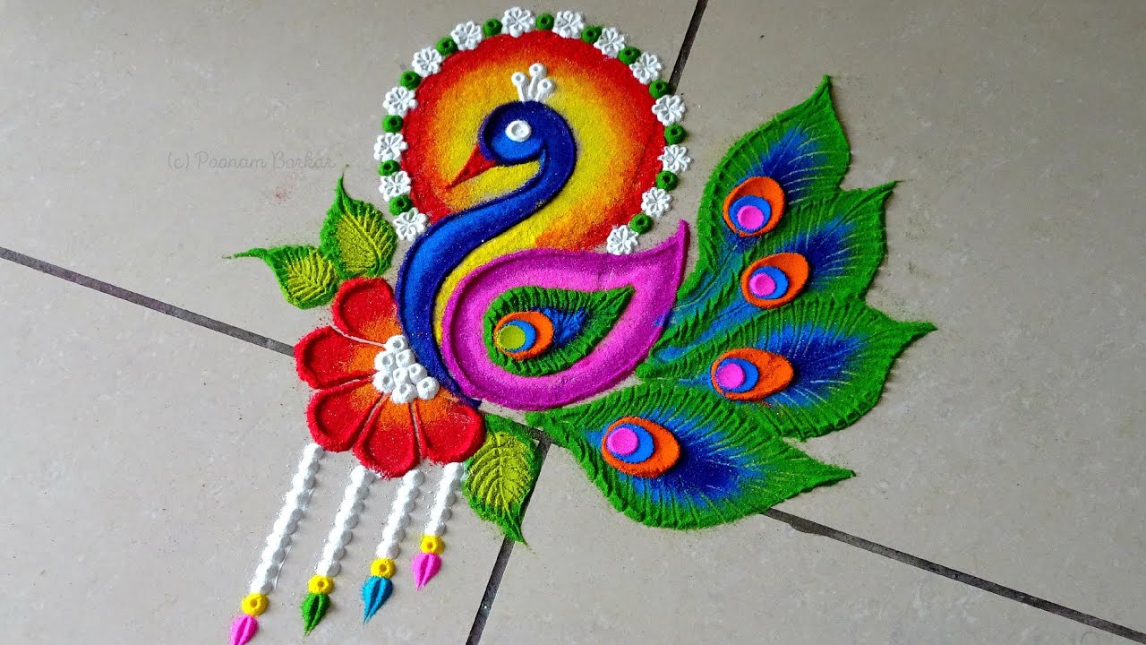 Bright and stunning peacock rangoli | Unique free hand peacock kolam for  festivals - YouTube
