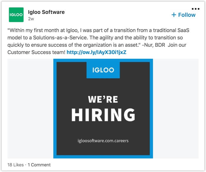 LinkedIn job ad example from Igloo Software