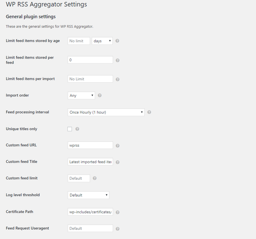 Configurações gerais do plug-in