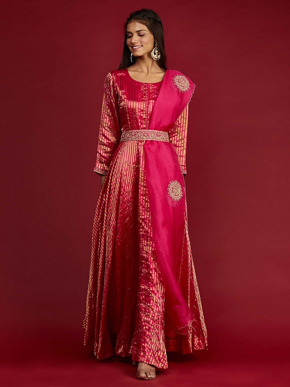 Buy Pink Striped Chanderi Tissue Anarkali Kurta with Hand Embroidered Organza Dupatta
