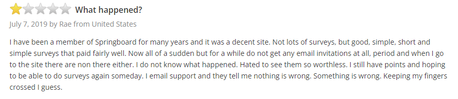 1-star Springboard America review says they are a long time user and used to get simple short surveys that paid fairly well, but now they don't get invitations at all. 